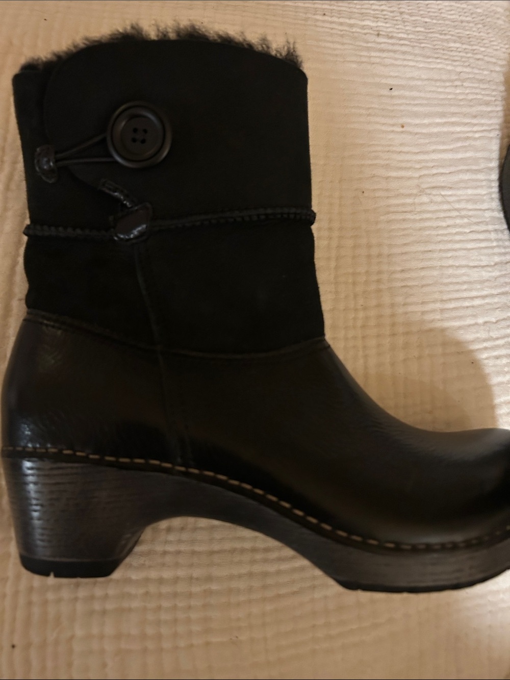 Dansko Black Leather & Suede Button-Accent Winter Boot with genuine sheepskin-l